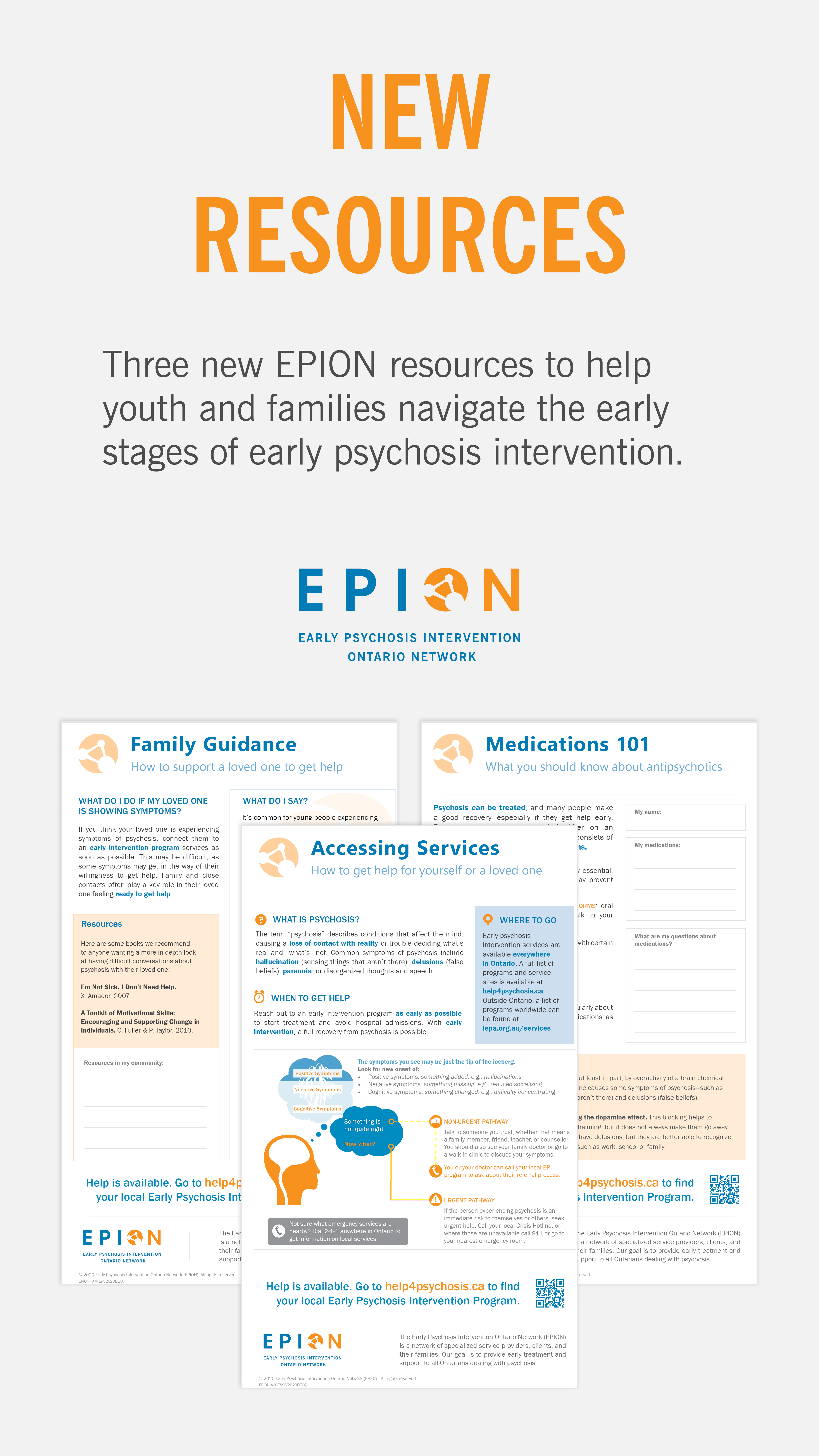 Summary graphic depicting three info-sheets, with the text: "New Resources: Three new EPION resources to help youth and families navigate the early stages of early psychosis intervention.